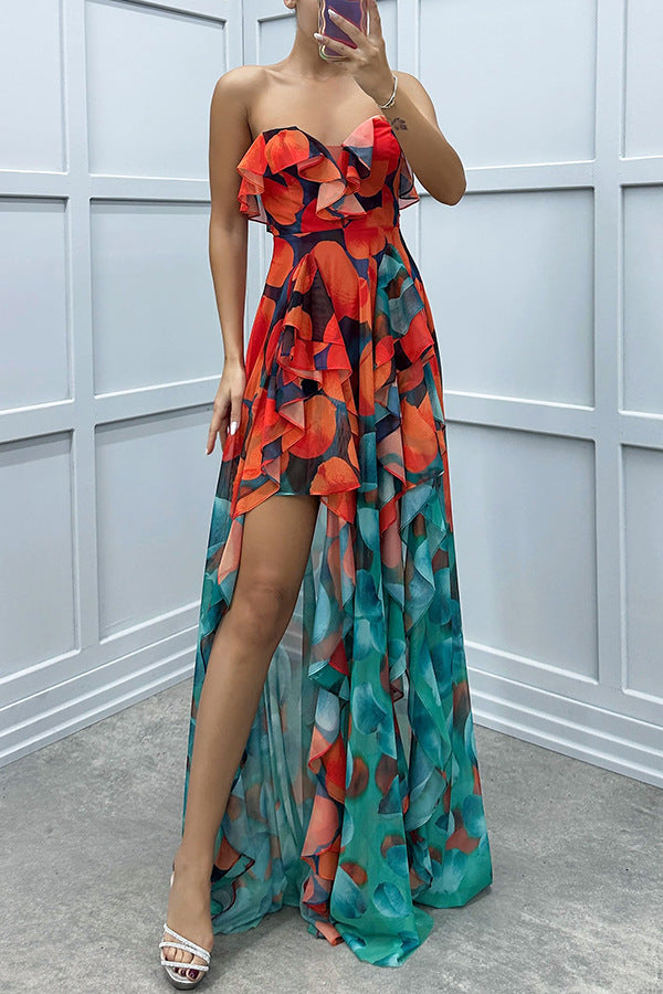 party gradient unique printed flowing layered pleated strapless slim fit long skirt