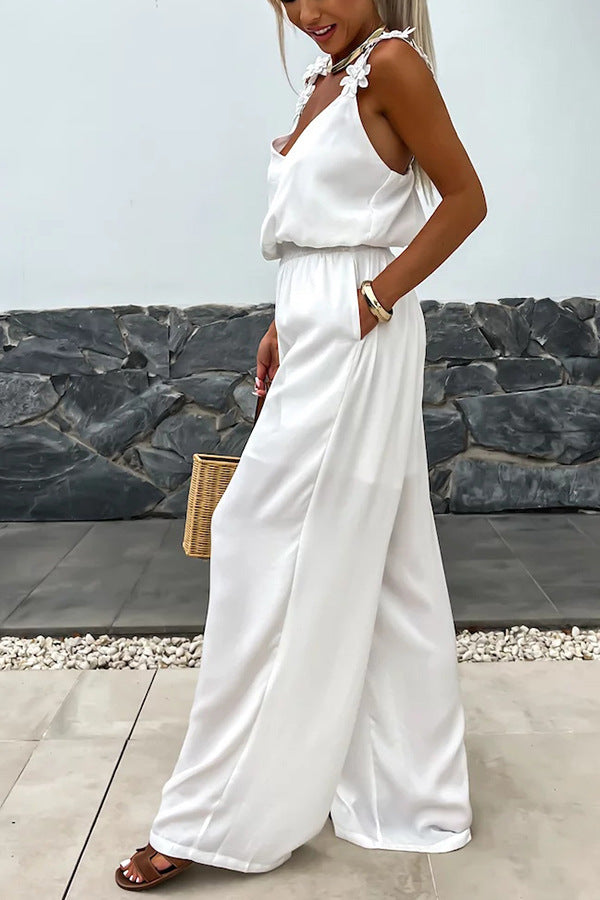 Conson off shoulder sleeveless jumpsuit casual solid color jumpsuit street wear long jumpsuit with pockets
