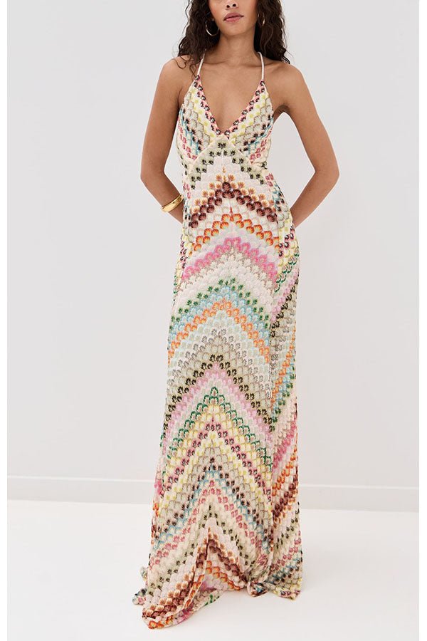 Missoni Knit Colorful Herringbone Print Open Beck Maxi Dress