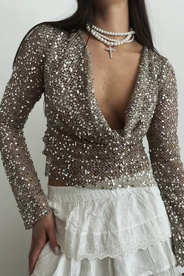 Sequined Fishnet Casual Long-sleeved Top