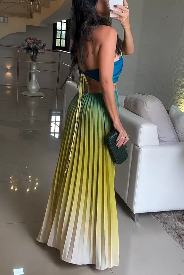 Backless Tie Elegant Gradient Pleated Maxi Dress