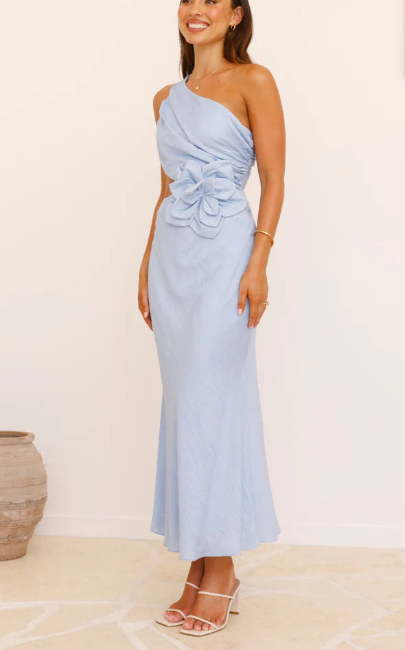 Bloom 3d Flower Ruched One Shoulder Cutout Maxi Dress