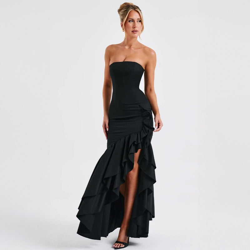 off shoulder, off shoulder strapless, hip hugging, irregular wave party dress