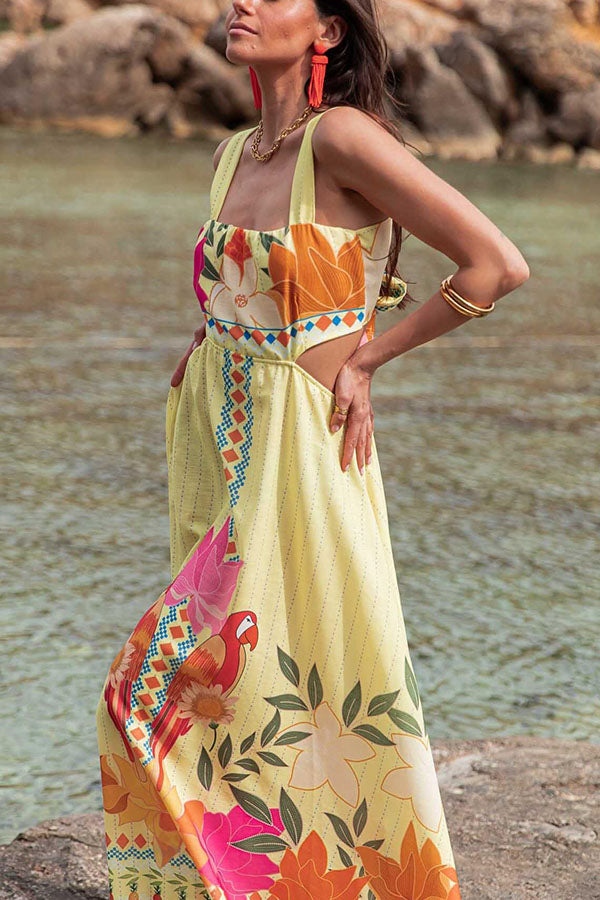Resort Style Unique Print Square Neck Backless Waist Maxi Dress