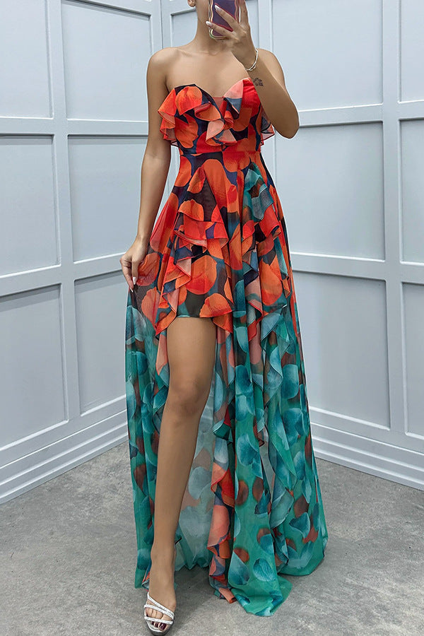 party gradient unique printed flowing layered pleated strapless slim fit long skirt