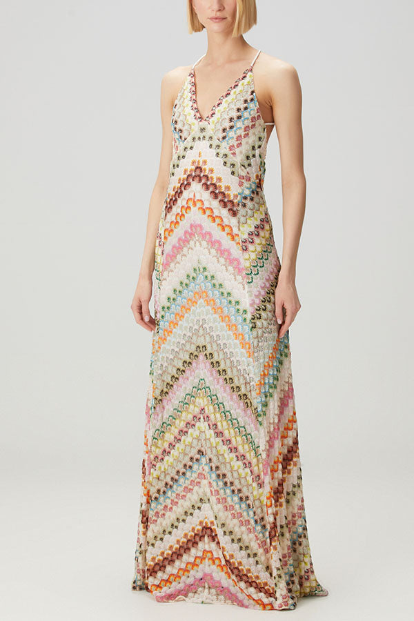 Missoni Knit Colorful Herringbone Print Open Beck Maxi Dress