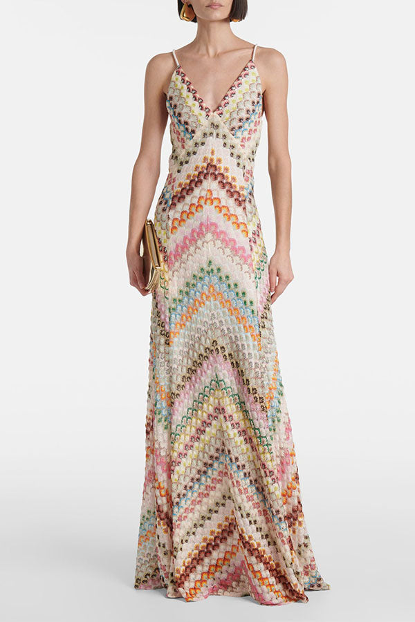Missoni Knit Colorful Herringbone Print Open Beck Maxi Dress