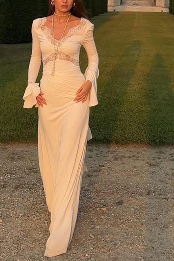 Lace Splicing V-neck Long-sleeved Slim Maxi Dress