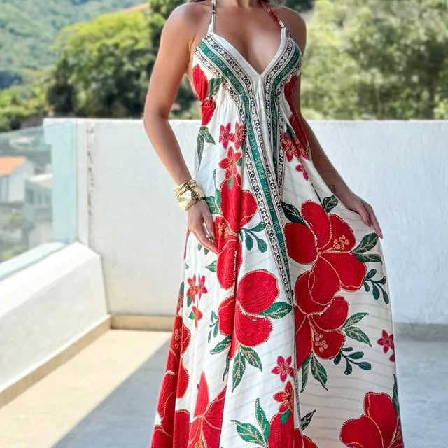Strapless V-neck Beach Halter Backless Printed Fairy Long Temperament Dresses Swing Dresses