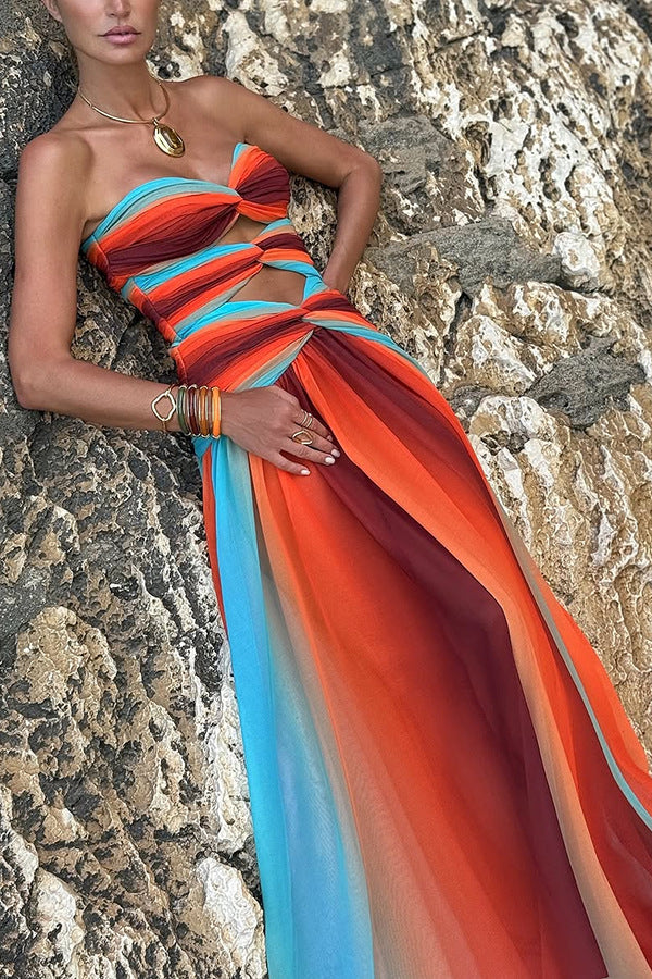 Sunset strapless Tassel Printed Twisted Hollow Off Shoulder Vacation Long Dress