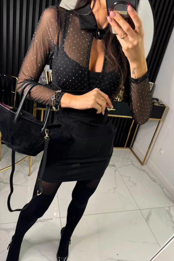 elegant mesh sparkling fabric hollow out shirt collar long sleeved elastic mini dress