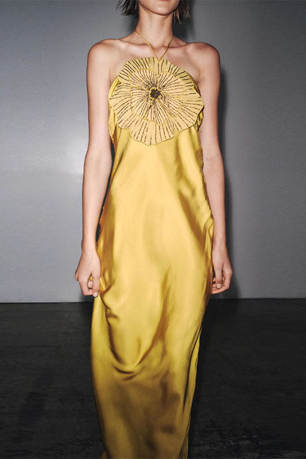 Beaded Large Flower Decoration Halter Neck Backless Maxi Dress
