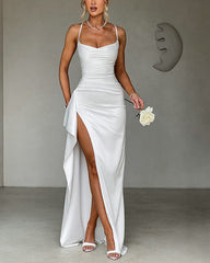 satin back tie, pleated hem, slit high low waist long skirt