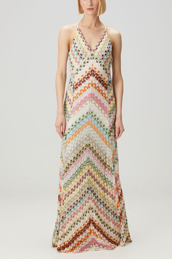 Missoni Knit Colorful Herringbone Print Open Beck Maxi Dress