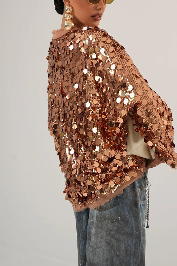 Sequined Long-sleeved V-neck Loose Lace-up Cardigan