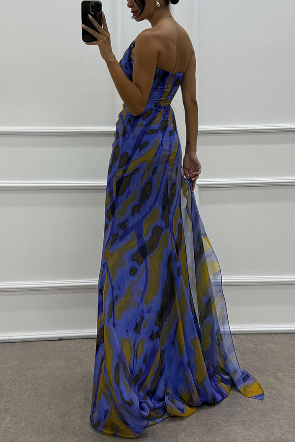 Fairy Watercolor Design Printed Feather Rose Details Off Shoulder Folded Open Skirt
