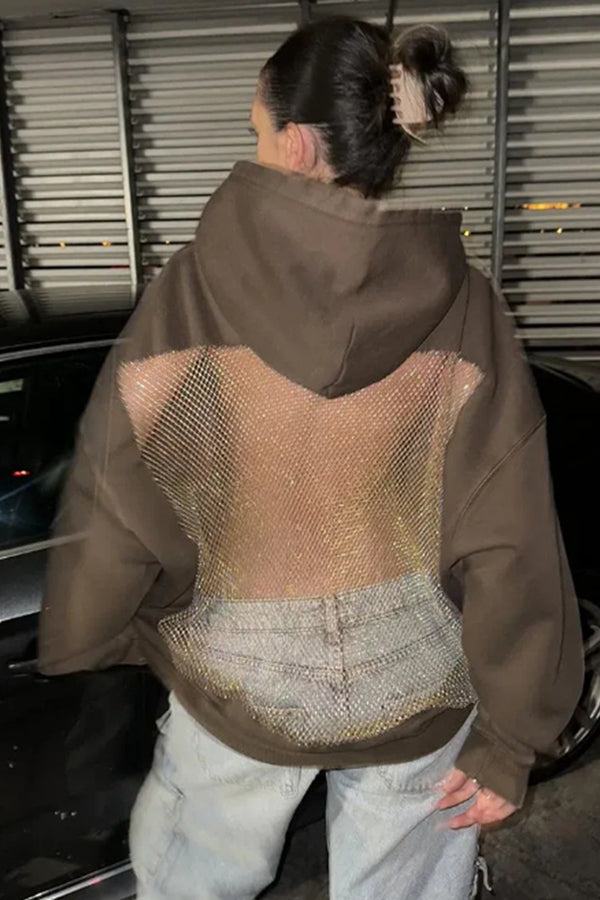 Shiny Mesh Hollow Back Loose Long-sleeved Hooded Sweatshirt