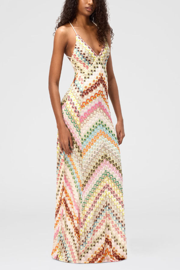 Missoni Knit Colorful Herringbone Print Open Beck Maxi Dress