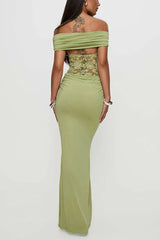 Solid Color Off Shoulder Splicing Lace Extra Long Slimming Dress
