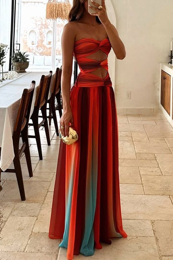 Sunset strapless Tassel Printed Twisted Hollow Off Shoulder Vacation Long Dress