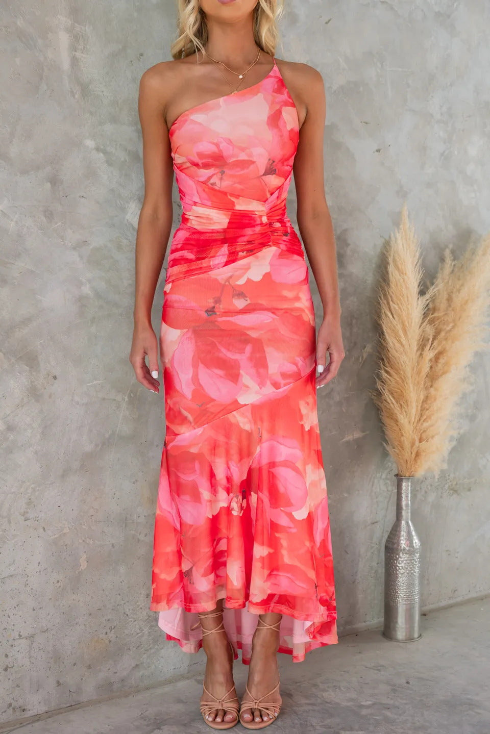 Mesh overlay printed one shoulder wave skirt