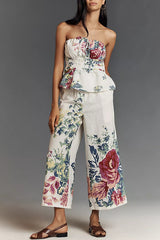 In To The Linen Blend Floral Print Elastic Bandeau and Elastic Waist Pocket Loose Pants Set