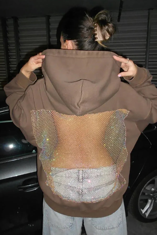Shiny Mesh Hollow Back Loose Long-sleeved Hooded Sweatshirt