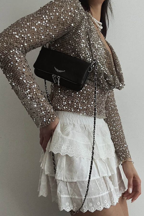 Sequined Fishnet Casual Long-sleeved Top