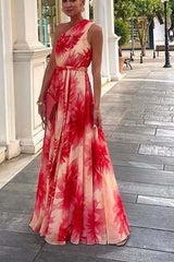 Floral Print One Shoulder Waist Tie Full Hem Resort Style Maxi Dress