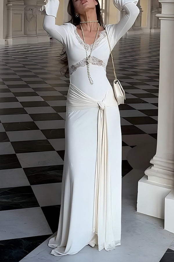 Lace Splicing V-neck Long-sleeved Slim Maxi Dress
