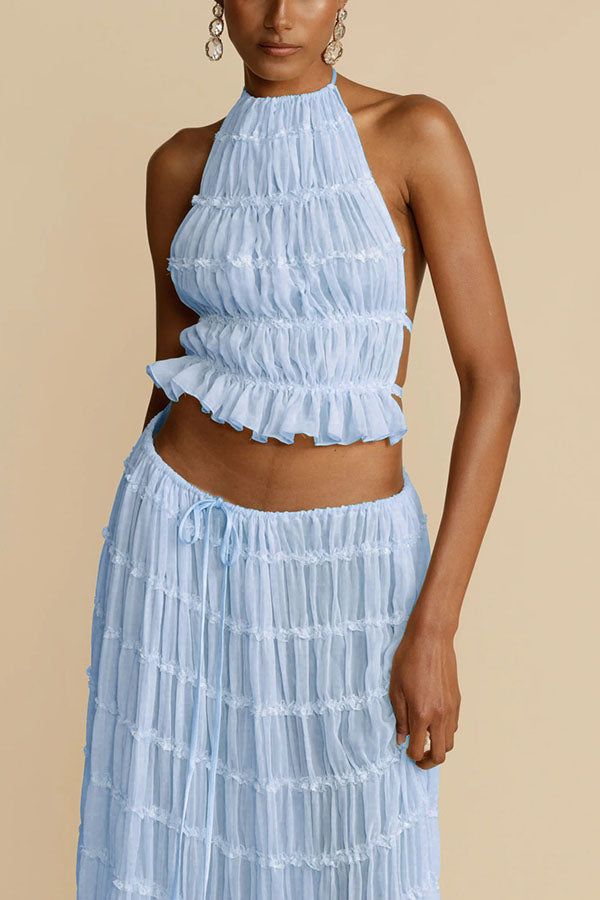 Versatility and Vintage Charm Pleated Drawstring Waist Tiered Maxi Skirt