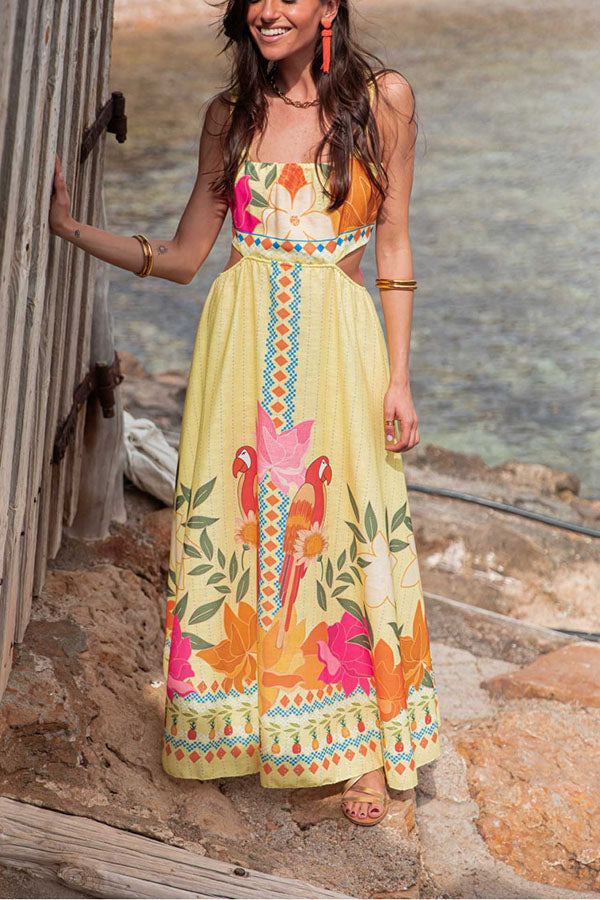 Resort Style Unique Print Square Neck Backless Waist Maxi Dress