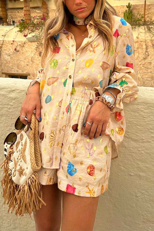 Gold Stamping Unique Printing Lapel Long Sleeve Shirt and Elastic Waist Casual Pocket Shorts Set