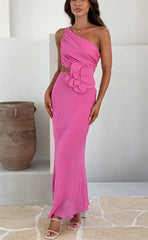 Bloom 3d Flower Ruched One Shoulder Cutout Maxi Dress