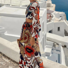 Hollow lace unique printed bell shaped sleeve crop top and lace up long skirt set