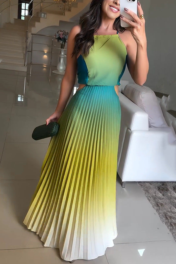 Backless Tie Elegant Gradient Pleated Maxi Dress