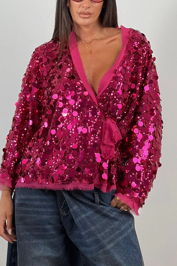 Sequined Long-sleeved V-neck Loose Lace-up Cardigan