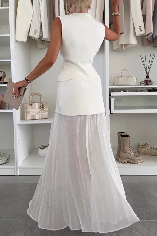 Elegant Knit Spliced Tulle Elastic Waist Pleated Maxi Skirt
