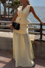 Elegant Knit Spliced Tulle Elastic Waist Pleated Maxi Skirt