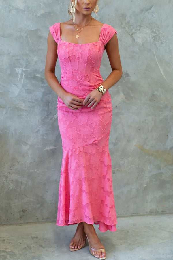 Unreal Beauty Floral Textured Material Ruched Fishtail Maxi Dress