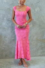 Unreal Beauty Floral Textured Material Ruched Fishtail Maxi Dress
