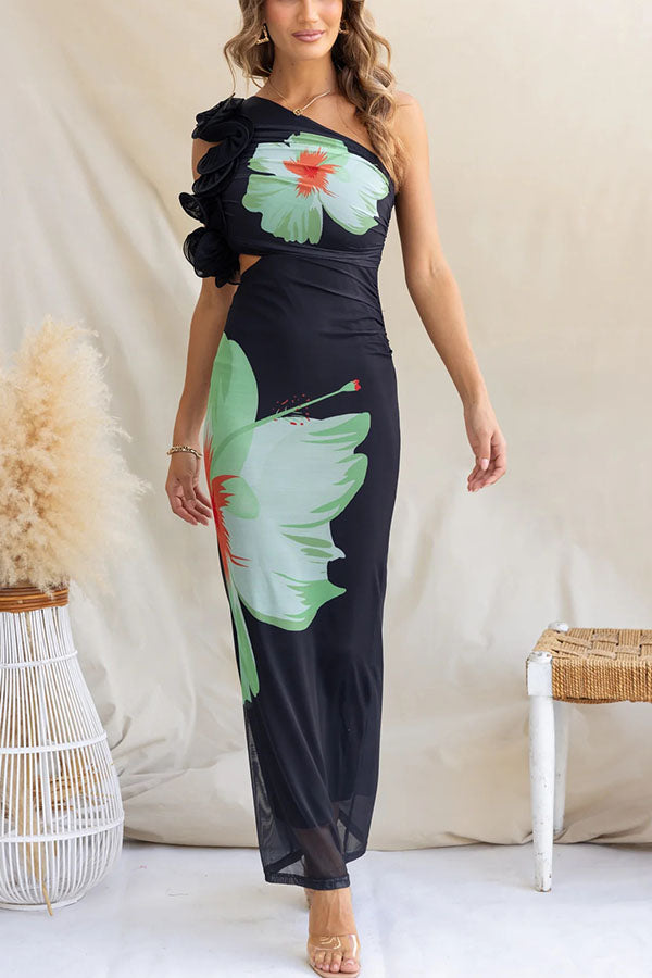 Floral Print One-shoulder Fitted Mesh Maxi Dress