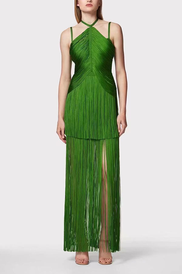 Halterneck Open Back Elegant Tassel Slim Maxi Dress