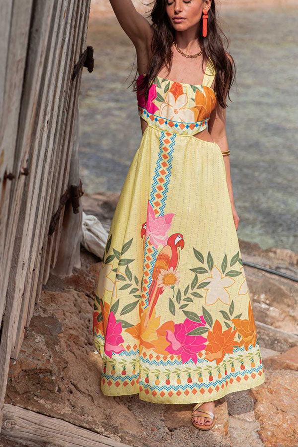 Resort Style Unique Print Square Neck Backless Waist Maxi Dress
