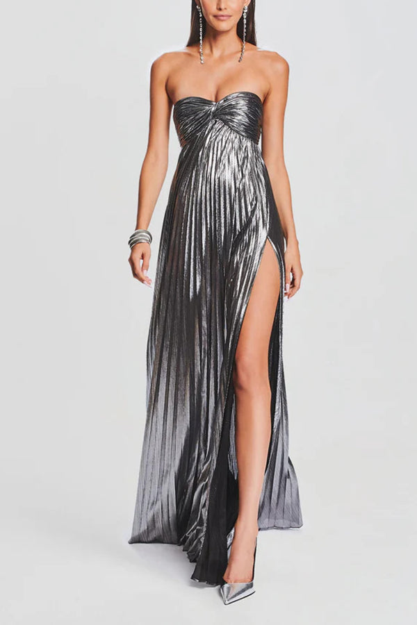 Metallic Tube Top Pleated High Slit Maxi Dress