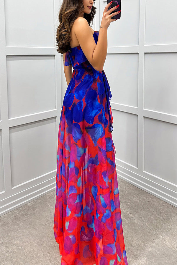 party gradient unique printed flowing layered pleated strapless slim fit long skirt