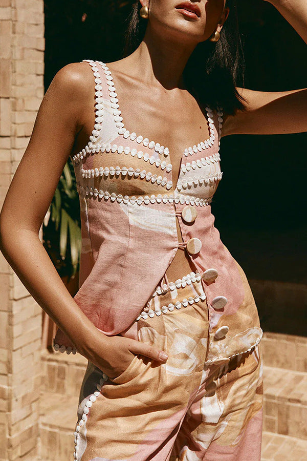 European Linen Blend Ric Rac Trims Unique Print Button Tank