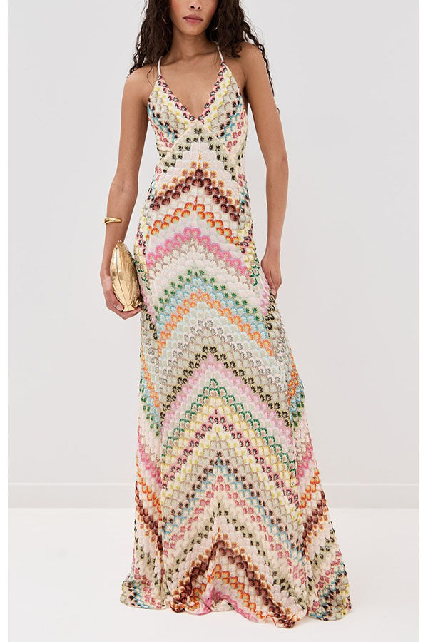 Missoni Knit Colorful Herringbone Print Open Beck Maxi Dress
