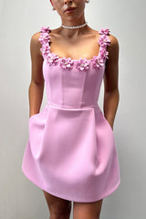 Party outfit, pearl flower decal, square strapless, collar, pocket, elegant mini dress