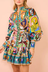 Touch of Luxury Unique Print Balloon Sleeve Button Shirt Mini Dress